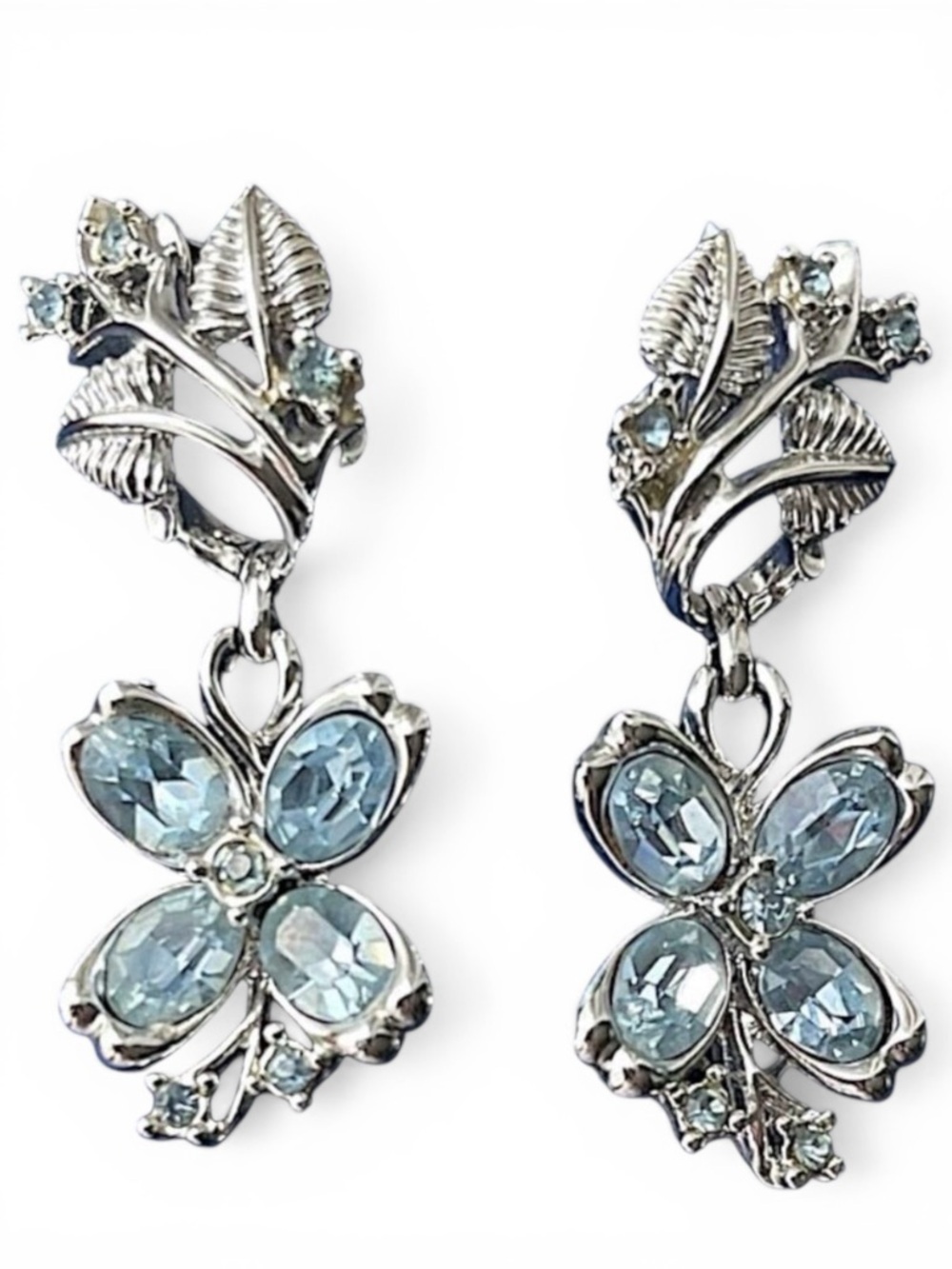 Vintage Coro Signed Earrings Ice Blue Faceted Silver Tone Dangle Flower Leaves